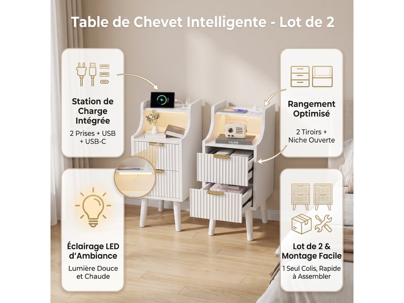  Lot de 2 tables de chevet 25x30x66cm 2 tiroirs, avec station de charge et led, bout de canapé en bois, moderne, blanc  - Conforama C