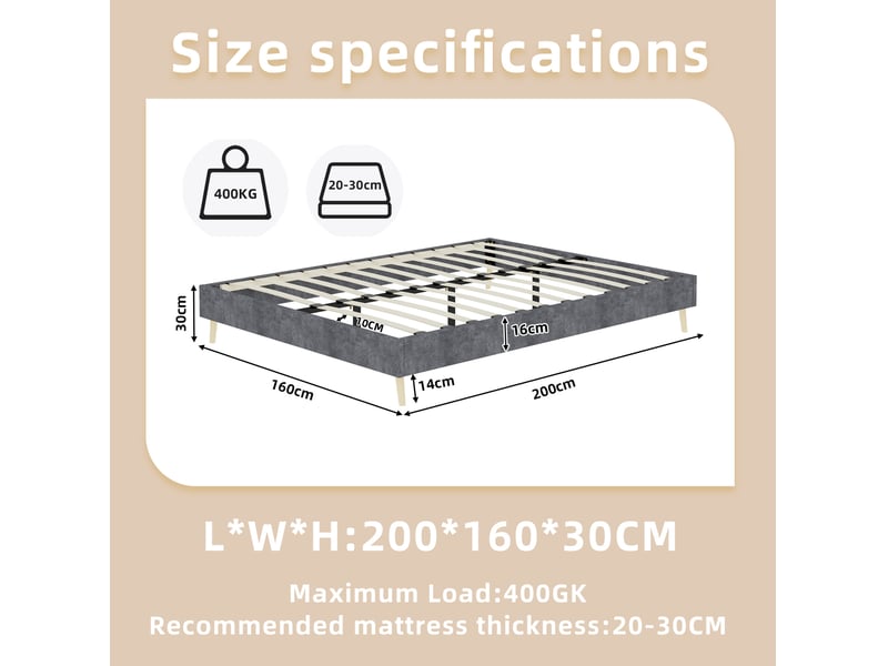  Lit cadre 160x200 cm, 2 places, moderne en bois et métal couleur gris sans matelas  - Conforama C