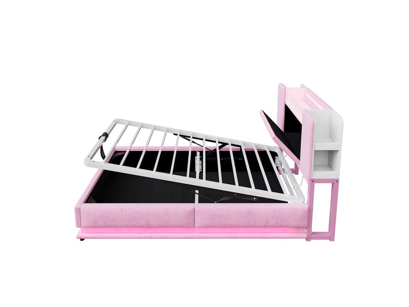  Lit enfant connecté velours rose 90x200 cm avec led, usb et rangement hydraulique  - Conforama E
