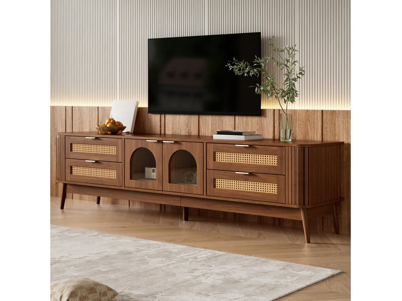  Meuble tv 4 tiroirs, 2 portes en verre de sécurité, led contrôlée par application, noyer 180 × 40 × 50 cm  - Conforama D