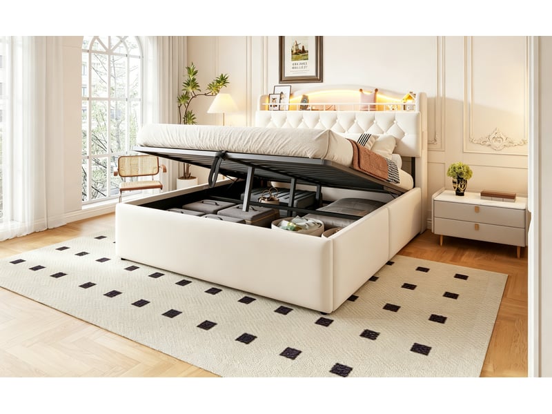  Lit coffre 140 × 200 cm, rangement hydraulique, tête avec étagères, led, usb-a et usb-c, sommier métal, velours beige  - Conforama B