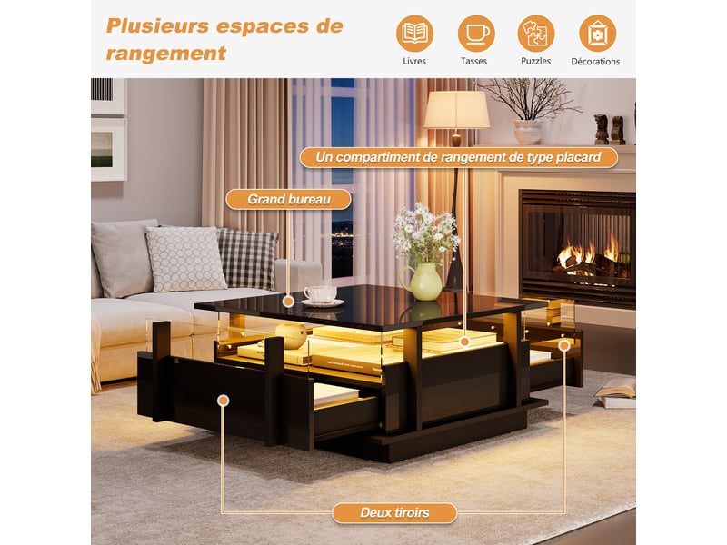  Table basse noire brillante avec 2 tiroirs et led, 70 x 70 x 35 cm  - Conforama W