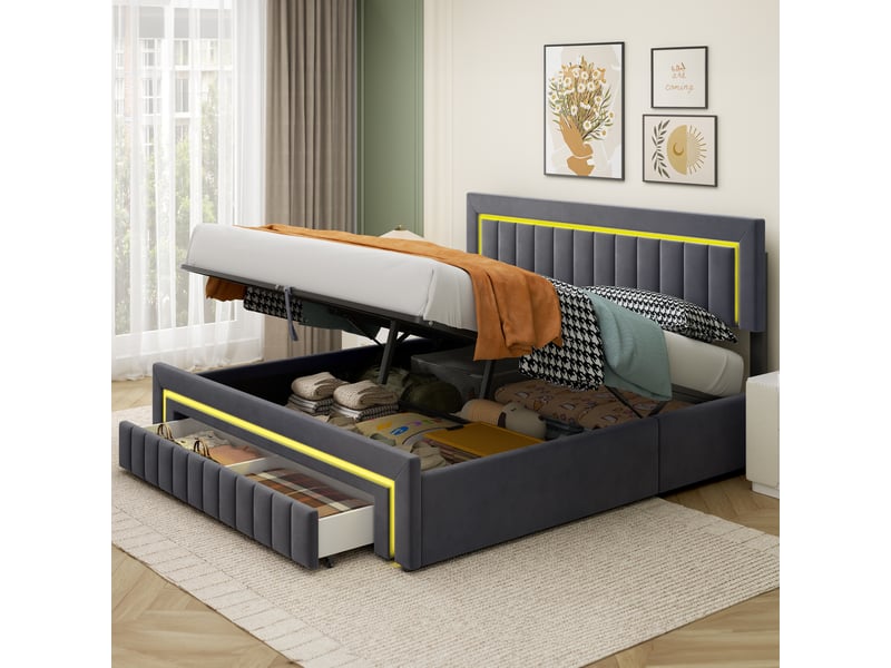 Lit coffre 2 places 180x200 cm avec 2 tiroirs et led, en velours gris  - Conforama E