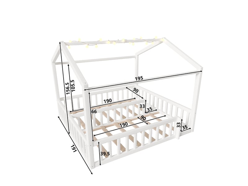  Lit cabane enfant convertible 90x190cm ou 180x190cm, lit montessori séparable en deux lits simples avec barrière de sécurité et guirlande led, blanc  - Conforama E