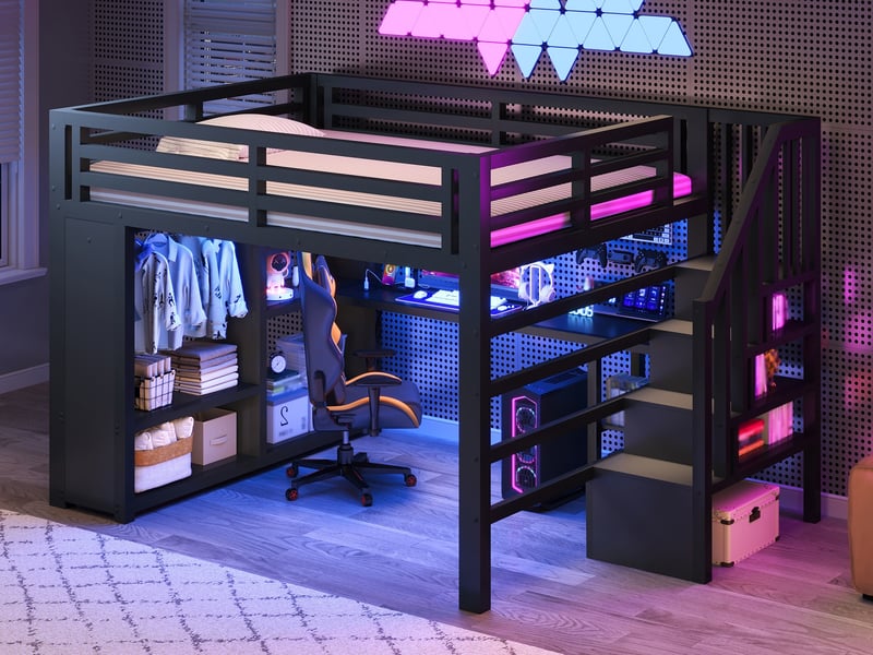  Lit mezzanine gaming 160 × 200 cm, métal, bureau, penderie ouverte, escalier, rangements, usb, led, noir  - Conforama B