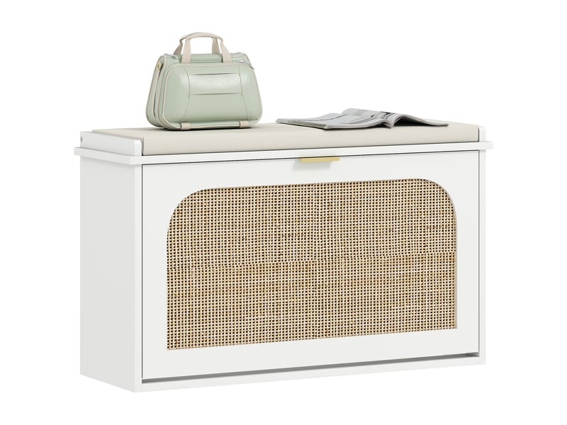  Banc à chaussures, banc de rangement, assise rembourrée, tiroir rabattable, porte en rotin, 80 x 26 x 47,5 cm, blanc  - Conforama A