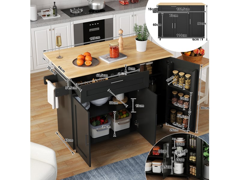  Desserte de cuisine 132,5 x 44 x 90 cm noire et naturelle en mdf, plan de travail rabattable et mobile  - Conforama C