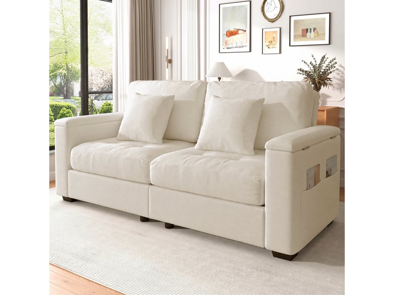 Canapé droit 2 places 180x81,5x84 cm, tissu chenille beige, rangement dans les accoudoirs, poches latérales, 2 coussins, mousse haute densité - Conforama D