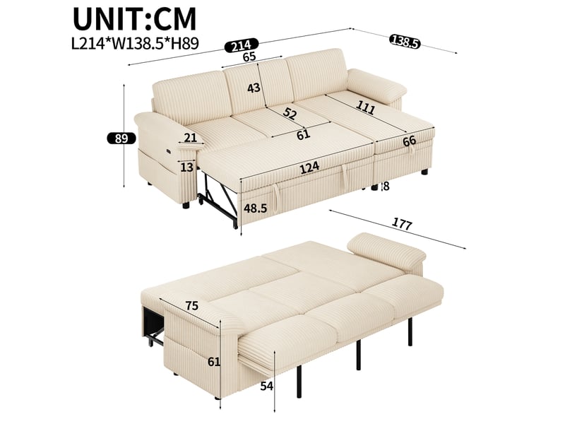 Canapé d'angle l avec fonction lit escamotable, ottomane gauchedroite interchangeable, panneau usbtype-c & poche latérale, repose-dos réglable avec coussin d'oreiller, tissu velours côtelé, beige - Conforama E