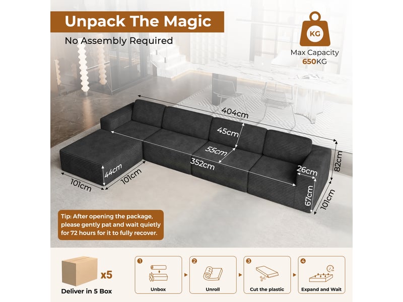 Canapé d'angle 4 places modulaire en velours côtelé avec 1 pouf,canapé compressé,sans assemblage,404x202x82cm,noir 404x202x82CM - Conforama C