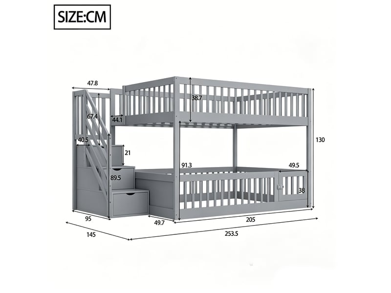  Lit superposé 140 × 200 cm 2 places avec escalier à tiroirs et barrières, sans matelas, en bois massif gris  - Conforama D