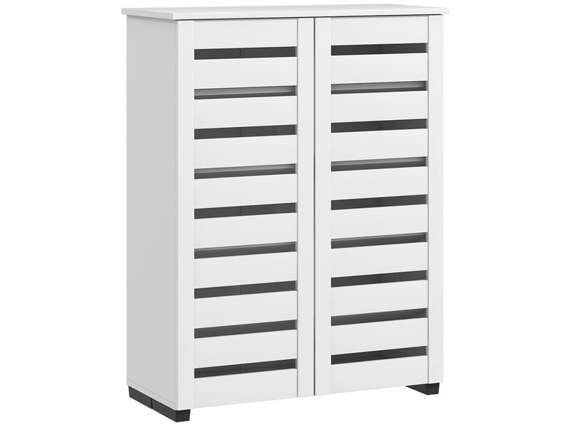  Étagère à chaussures à 5 niveaux avec 4 étagères réglables et portes à lattes, en bois, 76 x 33 x 98 cm, blanche  - Conforama A