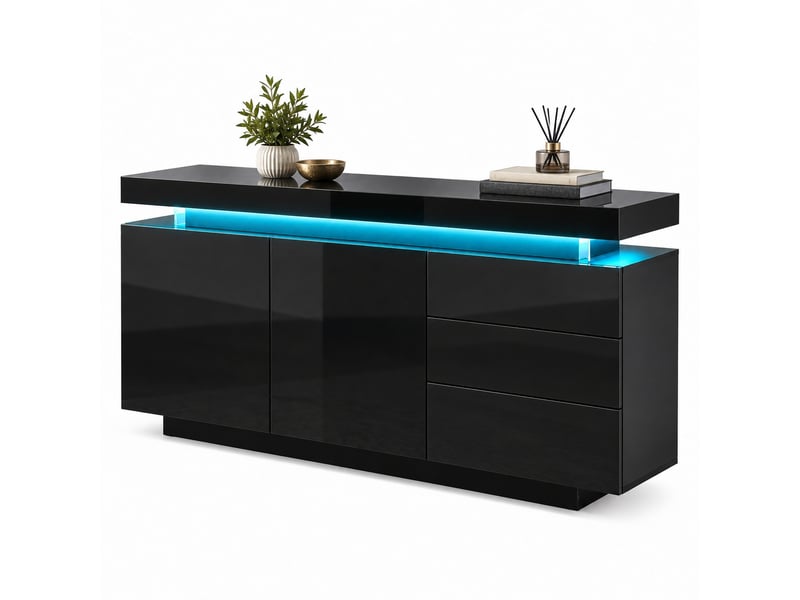  Buffet noir brillant commode de rangement moderne avec éclairage led armoire de cuisine avec 2 portes, 3 tiroirs 140 x 38 x 72 cm  - Conforama A