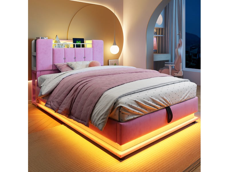  Lit enfant 90 x 200 cm avec led, port usb, rangement hydraulique et velours rose  - Conforama B