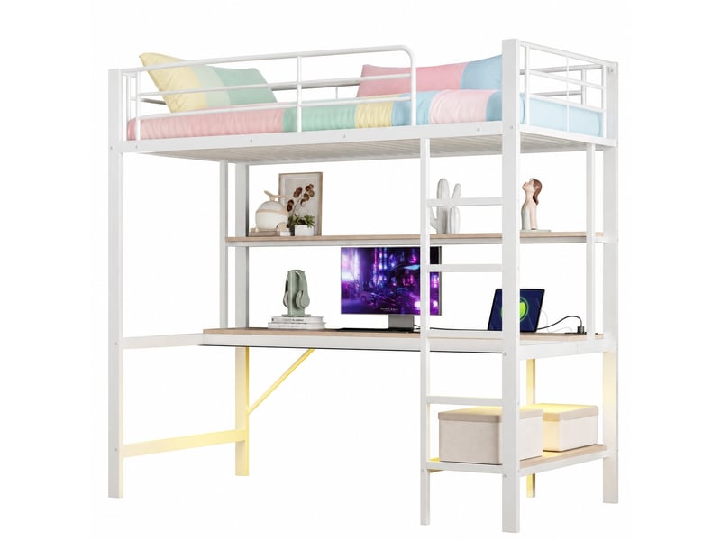  Lit mezzanine enfant 90x200 cm avec bureau, étagères, led et prise usb, blanc  - Conforama A
