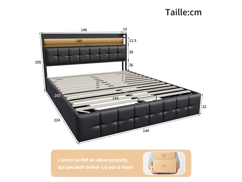  Lit double rembourré 140 x 200 cm avec éclairage led et port usb, lit hydraulique avec espace de rangement et sommier à lattes, lit pour adolescent, pu, noir 231213GY0401#ADQTEHWxdGDELLM - Conforama E
