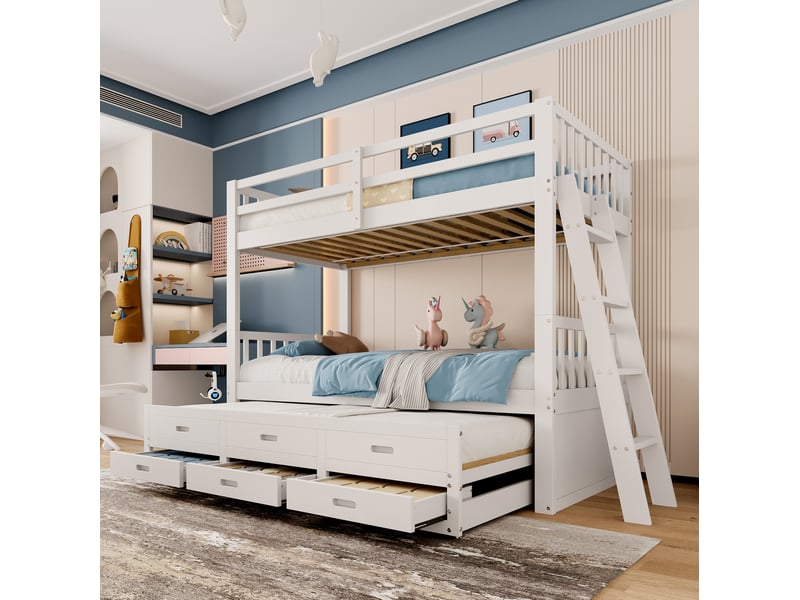  Lit superposé enfant 90 x 200 cm avec lit gigogne et 3 tiroirs, blancgris  - Conforama B
