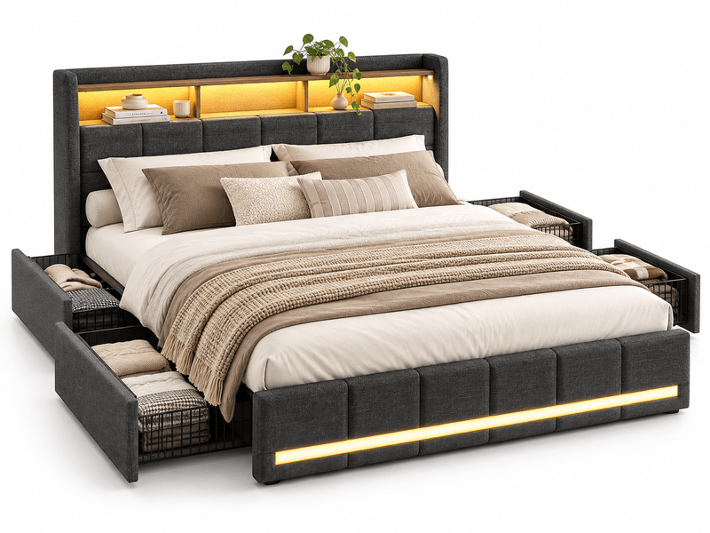  Lit 2 personnes 160 x 200 cm avec sommier - 4 tiroirs - cadre de lit rembourré avec led intégrée et usb type‑c - lit coffre double avec rangement et tete de lit capitonné - 2 places- lin gris - chambre adulteado - sans matelas -…  - Conforama A