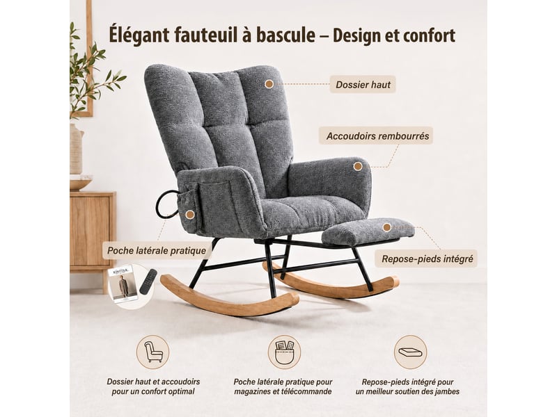  Chaise à bascule ergonomique en tissu chenille gris clair avec repose‑pieds rétractable, poche de rangement, structure métal et bois massif, charge 120 kg  - Conforama D