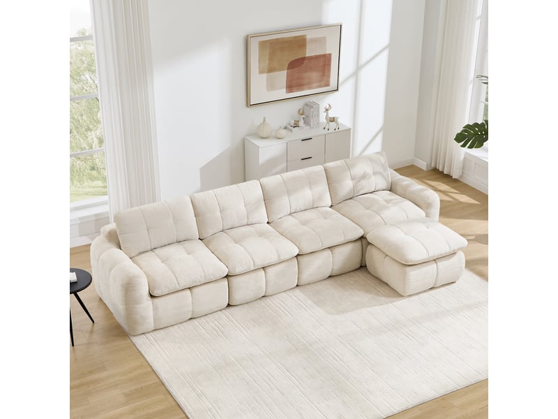  Canapé d’angle modulable 4 places en chenille beige – 334 x 160 x 68 cm Fay Lum - Conforama W