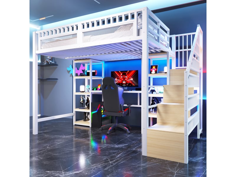  Lit surélevé 140 x 200 cm blanc, structure métallique, échelle avec rangement, bureau, led et usb, sans matelas  - Conforama C