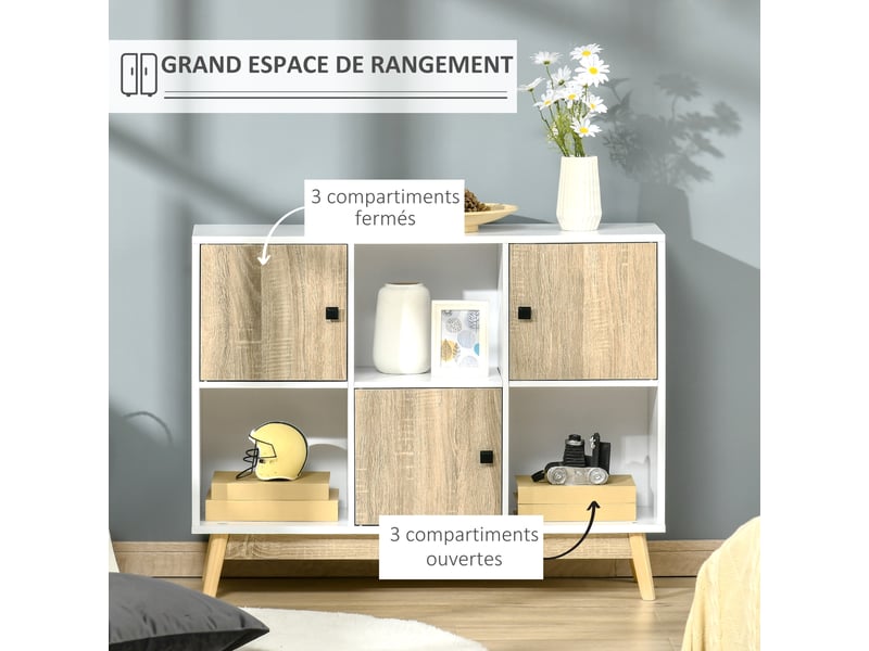  Buffet salon, meuble de rangement 9 cubes avec 3 portes et 3 compartiments ouverts, pieds en bois de pin, style moderne, buffet salle à manger, cuisine, 96x30x75cm, blanc et naturel  - Conforama D