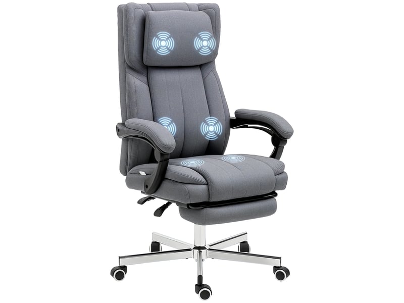  Fauteuil de bureau avec fonction massage, dossier inclinable, repose-pieds extensible, aspect lin, gris, 65 x 61 x 118 cm  - Conforama A