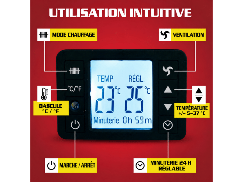 Radiateur électrique 2300 w thermostat 5-37°c télécommande minuterie 24h écran lcd noir - Conforama D