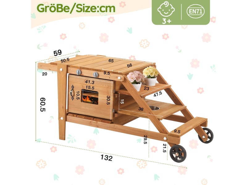 Cuisine d'extérieur enfant en bois avec roulettes et accessoires, dès 3 ans, pour jeux créatifs au jardin - Conforama C