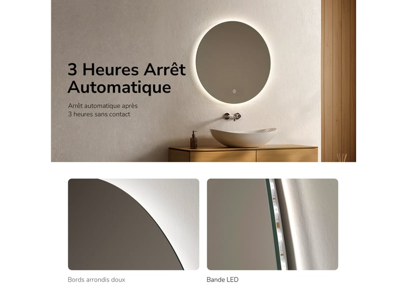 Emke miroir salle de bain led, diamètre 60cm, rétro-éclairage sans cadre, interrupteur tactile, intensité réglable, éclatant blanc froid - Conforama D