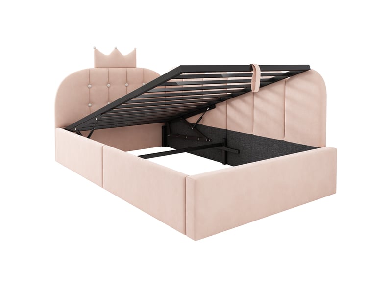  Lit banquette coffre 90 × 200 cm en velours rose, rangement hydraulique et tête en l motif couronne Fay Lum - Conforama D