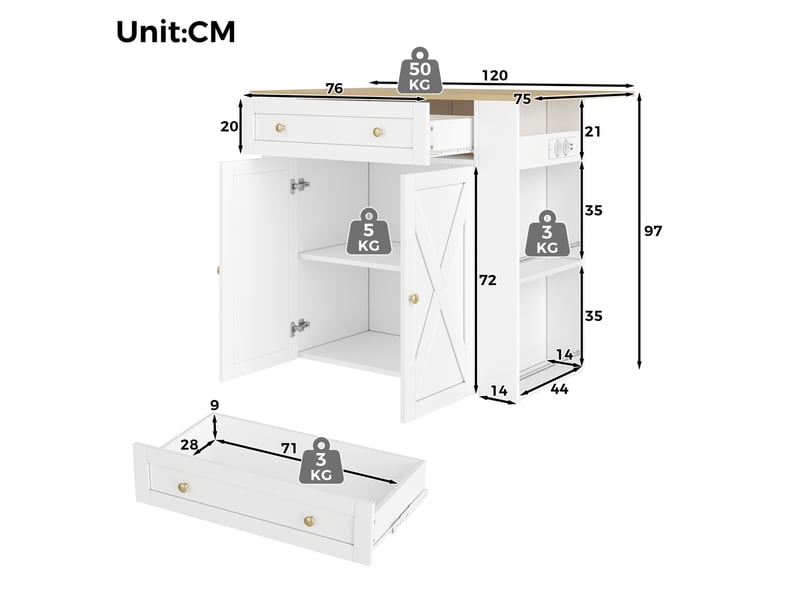  Îlot de cuisine rangement 120x75x97 cm, plateau rabattable, 2 portes, tiroir, prises usb, mdf et panneau de particules, blanc  - Conforama C