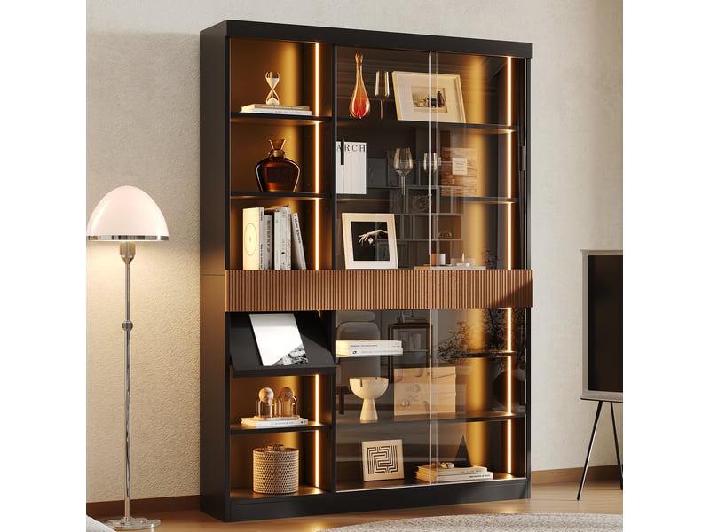  Vitrine led avec 4 portes coulissantes, 3 tiroirs, niches et abattant pour salon, noir brun, 120 × 28,5 × 180 cm  - Conforama C