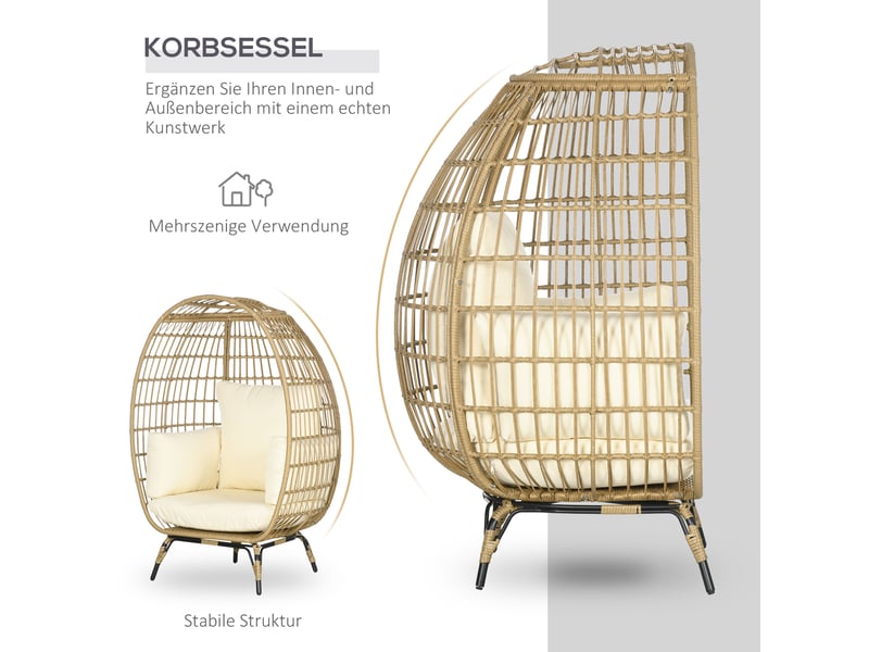  Fauteuil en résine tressée avec coussins kaki et beige 105 x 90 x 148 cm  - Conforama E