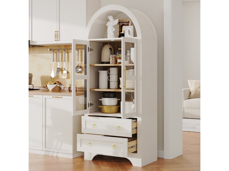 Buffet de cuisine - 76 x 40 x 180 cm - meuble de rangement et vaisselier avec portes en verre et tiroirs - blanc - Conforama C
