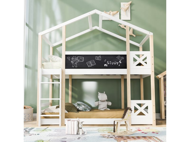  Lit mezzanine 90 x 200 cm, lit enfant surélevé, structure en forme de maison, échelle, barrières de sécurité, bois massif, blanc Morn Vibe - Conforama B
