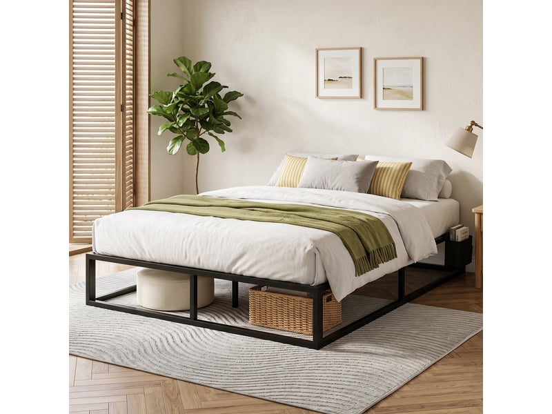 Sommier à lattes 140x190 cm sur pieds x 9 - lit double 2 pochettes rangement - métal noir - Conforama E