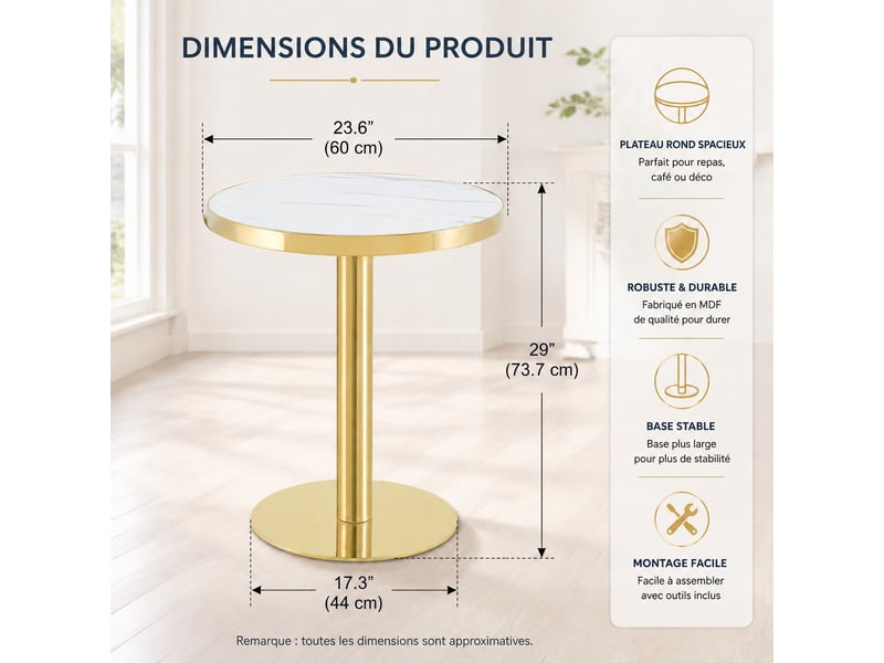  Table d’appoint ronde – plateau effet marbre blanc uv et acier inoxydable doré – ø 59,9 x h 73,7 cm  - Conforama D