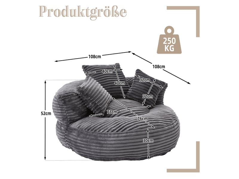 Canapé cordon gris foncé 108x108x52 cm avec haut dossier, trois coussins et accoudoirs galbés - Conforama C