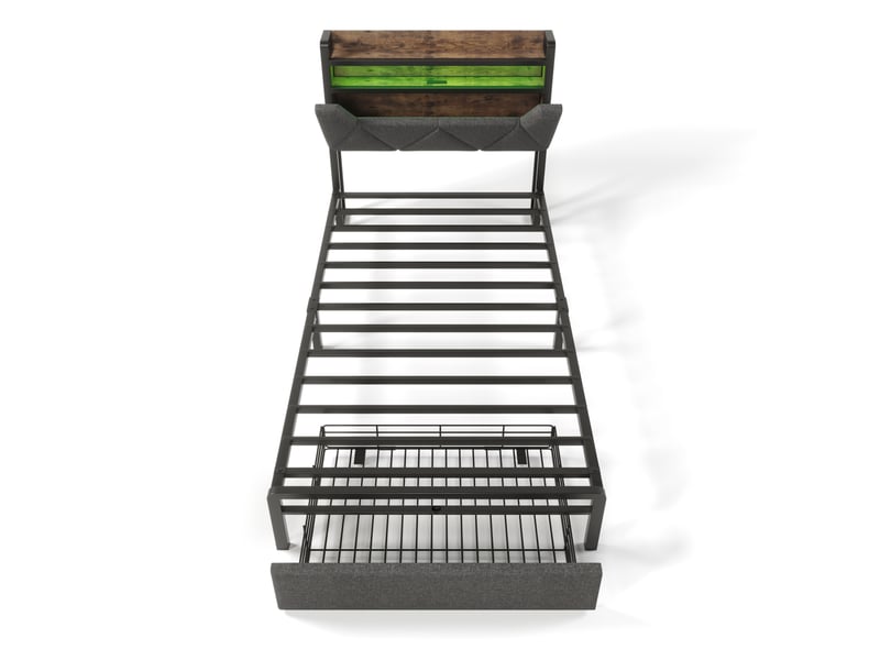  Lit rembourré, lit enfant 90x200 cm, tiroirs intégrés, rangement intégré, tête de lit avec rangement, métal gris, matelas inclus  - Conforama B
