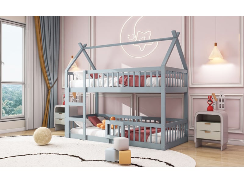  Lit superposé enfant 90x200 cm avec escalier bois gris sans matelas  - Conforama C