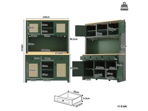 Buffet haut vert antique en mdf, façades en rotin pe, étagères réglables, système anti-basculement, pour cuisine et séjour