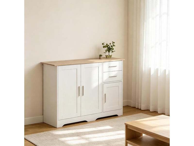 Meuble console 100x40x78 cm avec 2 tiroirs,2 placards,étagère réglable,mdf et panneaux de particules,blanc et bois naturel,entrée - Conforama B