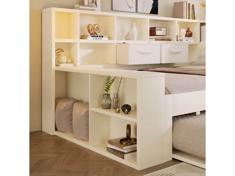 Lit gigogne 90x190 cm avec rangements et prises usb, bois blanc - Conforama R