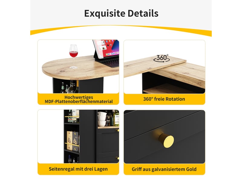  Bar pivotant noir 105 × 39 × 102cm, rotation 360°, 4 tiroirs, niches ouvertes  - Conforama E