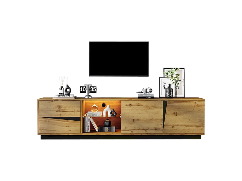  Meuble tv, 180 × 35 × 45 cm, avec éclairage led, 2 tiroirs et 2 portes, étagère en verre, compartiment ouvert, couleur naturel  - Conforama A