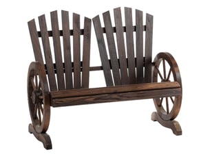 Banc de jardin 2 places en bois foncé rustique avec accoudoirs, idéal pour terrasse et extérieur abrité
