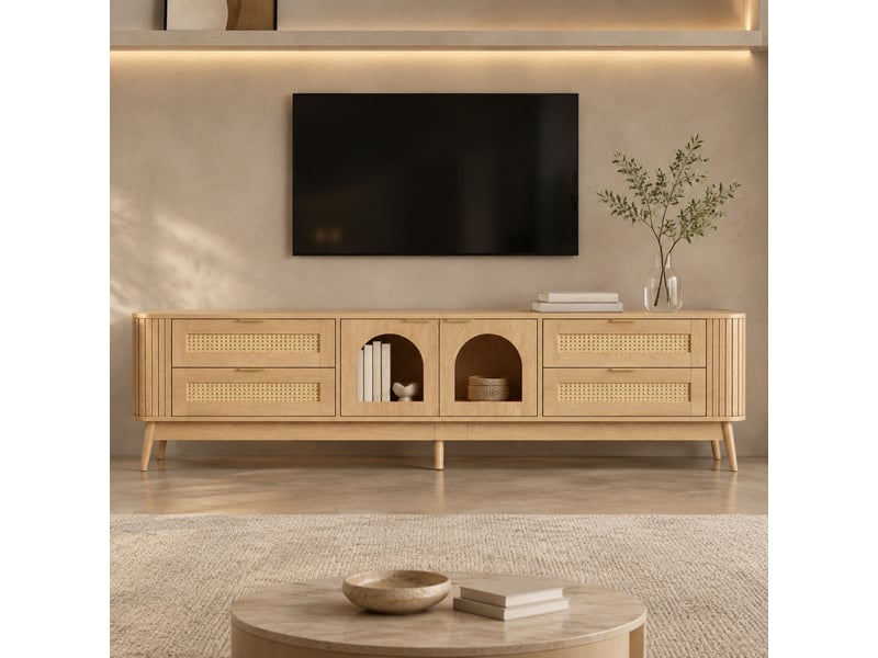  Meuble tv avec 4 tiroirs, 2 portes en verre et led contrôlée par application, pour salon, naturel, 180 × 40 × 50 cm  - Conforama B