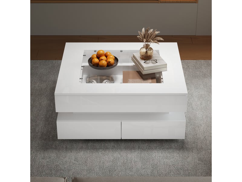 Table basse carrée blanche 70x70 cm, table de salon avec led contrôlable par application, plateau en verre trempé, 3 tiroirs - Conforama E