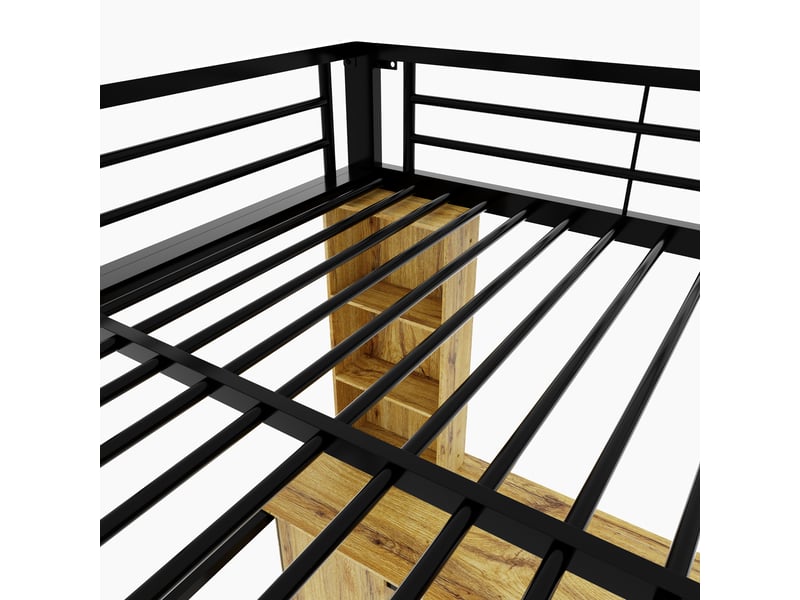  Lit mezzanine 140×200 cm avec bureau, rangements et usb, métal et bois noir sans matelas  - Conforama D